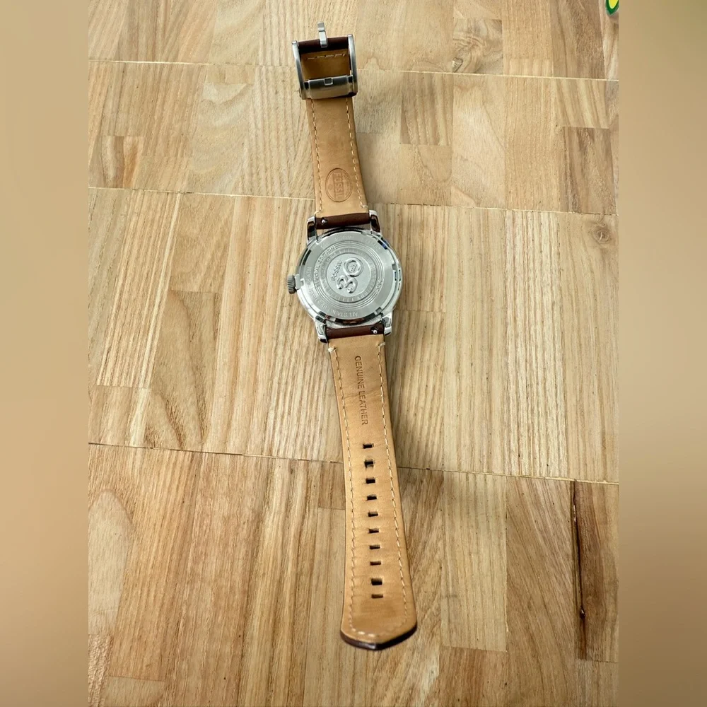 Fossil mens 30th anniversary stainless steel brown leather watch NEW BATTERY